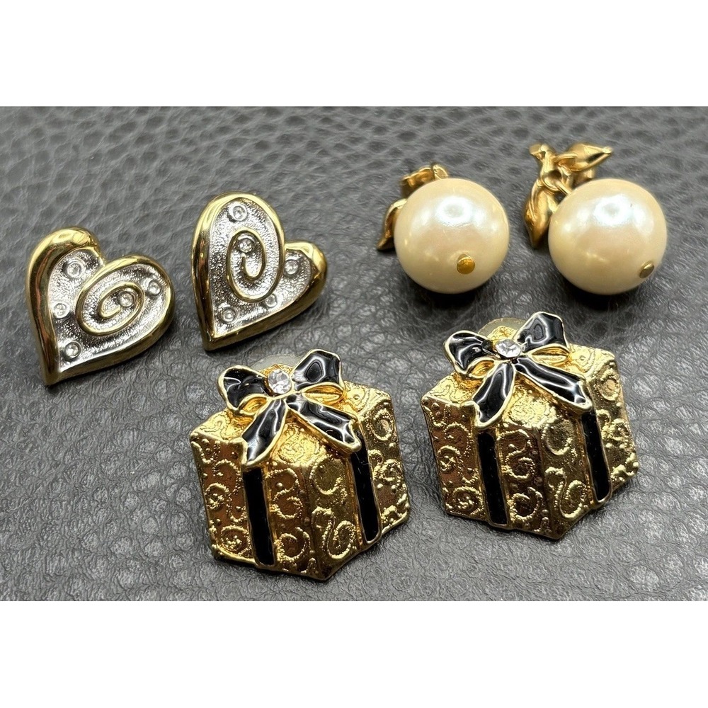 VTG  Lot Faux Pearl Drop Heart Present Bow Enamel 1 Signed Avon Pierced Earrings